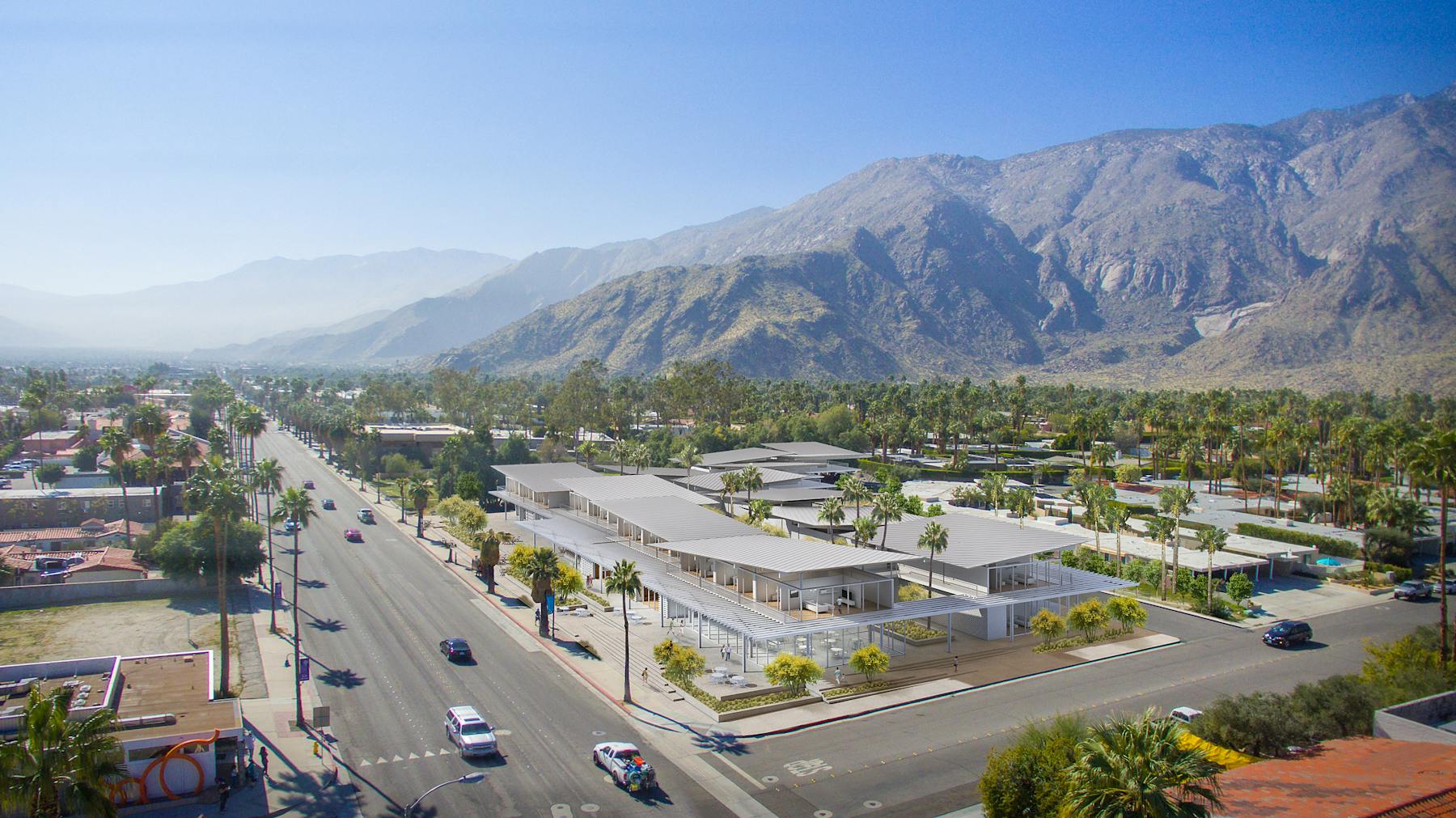 Aerial rendering of Aloe Palm Canyon senior housing in Palm Springs