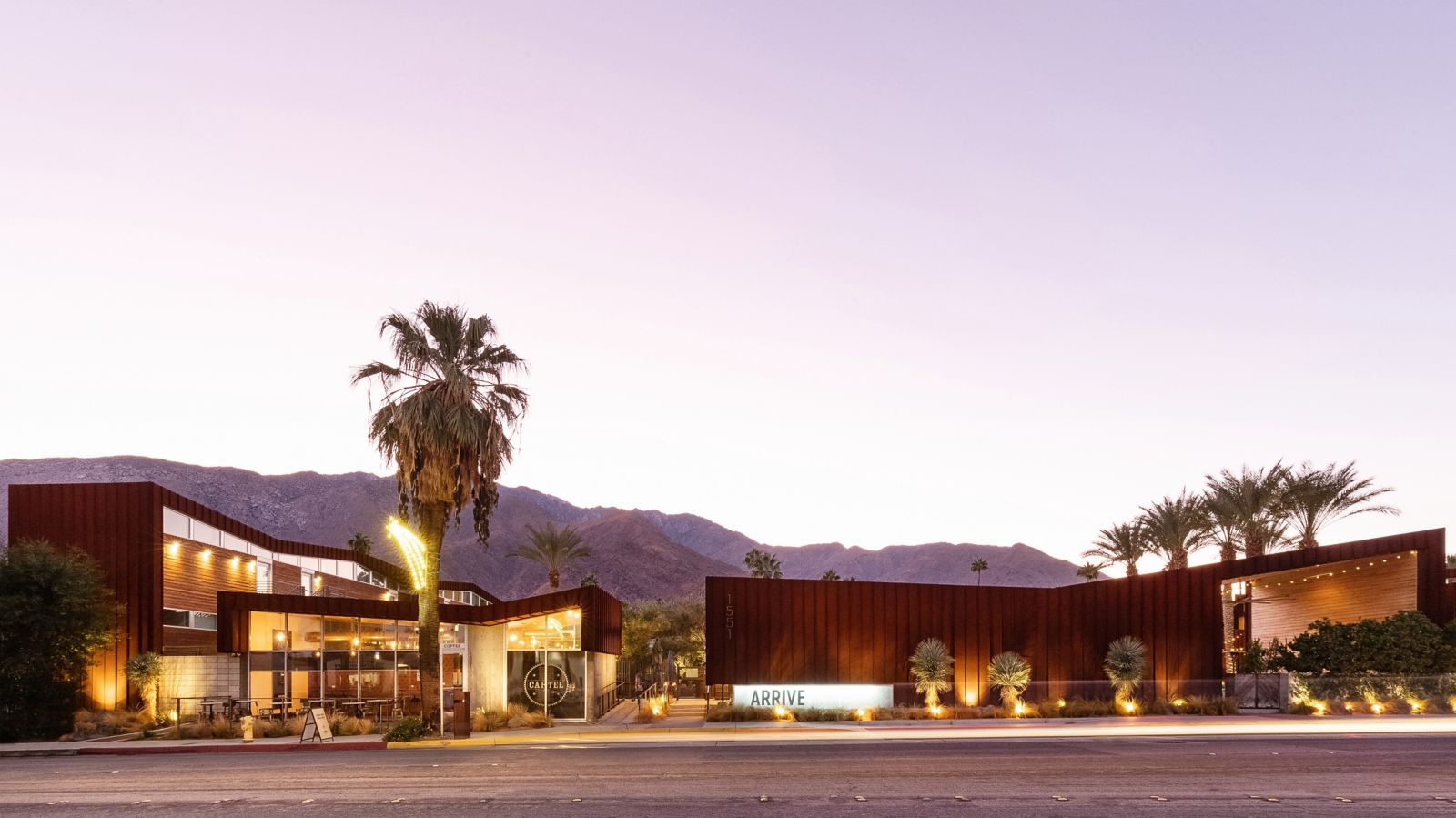 ARRIVE Palm Springs boutique hotel exterior at sunset
